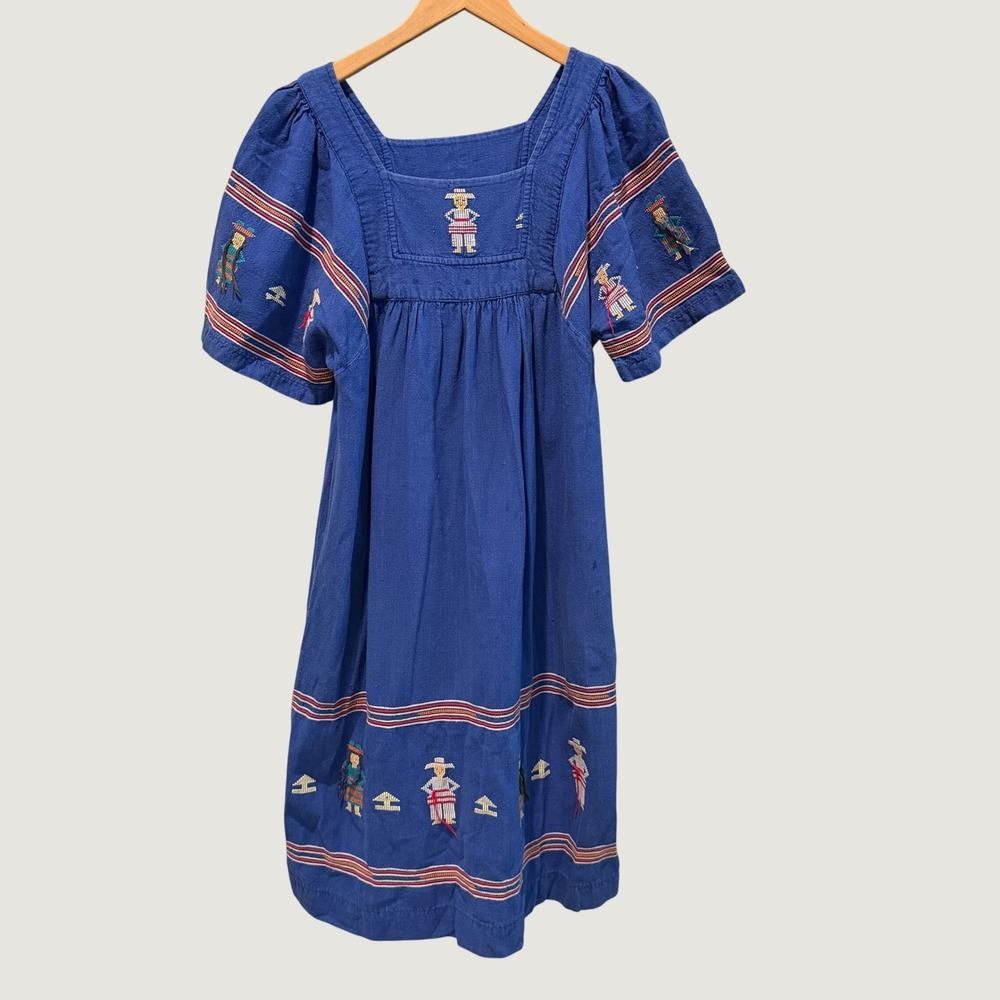 Vintage Women Dress Blue Folk Art Embroidered Huipil Square Neck Boho M
